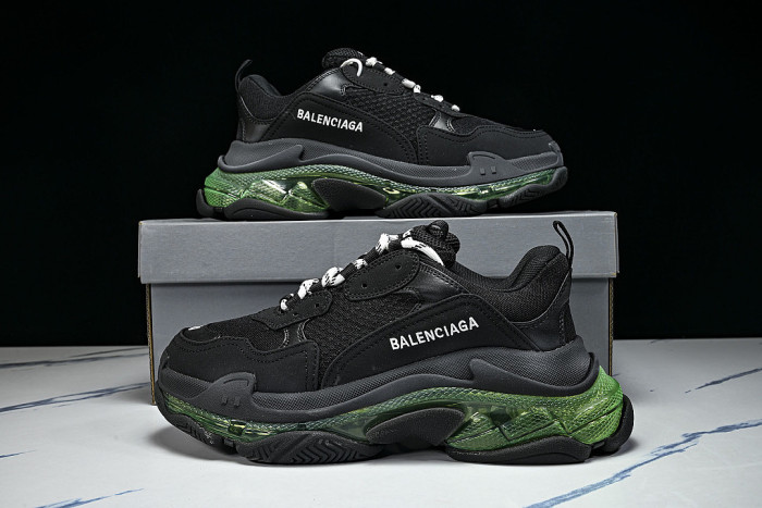 W09ON-1047 TRIPLE S RETRO CASUAL RUNNING SHOES BLACK/GREY/GREEN