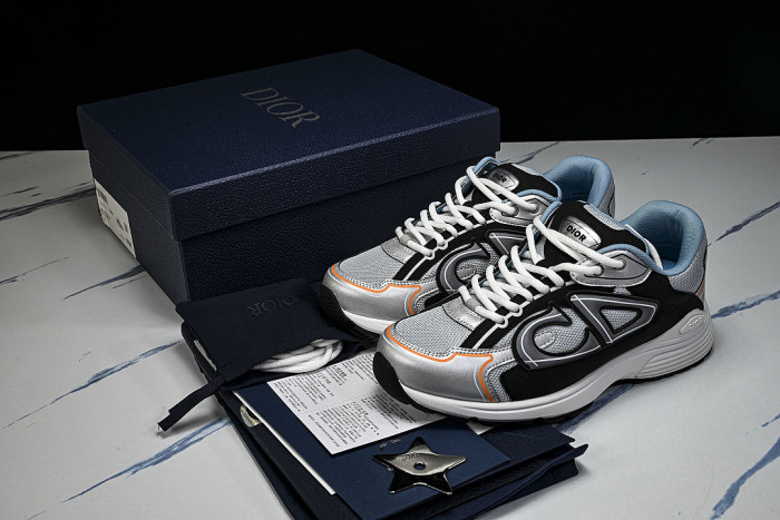 LEATHER MESH SPORTS CASUAL SHOES GREY/BLACK/ORANGE/BLUE