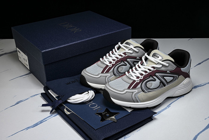 LEATHER MESH SPORTS CASUAL SHOES GREY/RED/BEIGE