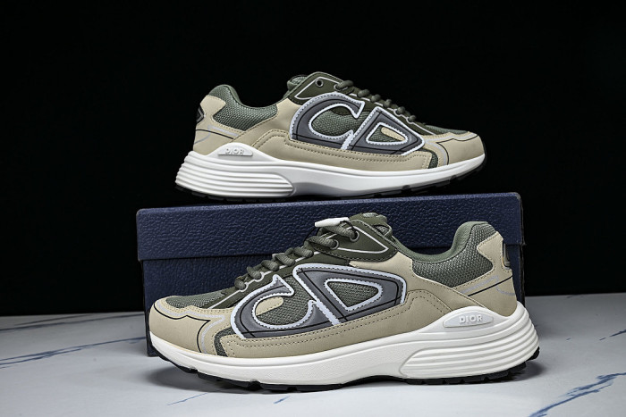 LEATHER MESH SPORTS CASUAL SHOES BEIGE/GREEN/GREY