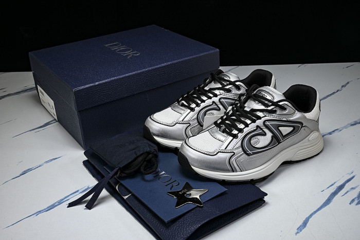 LEATHER MESH SPORTS CASUAL SHOES SILVER/WHITE/BLACK