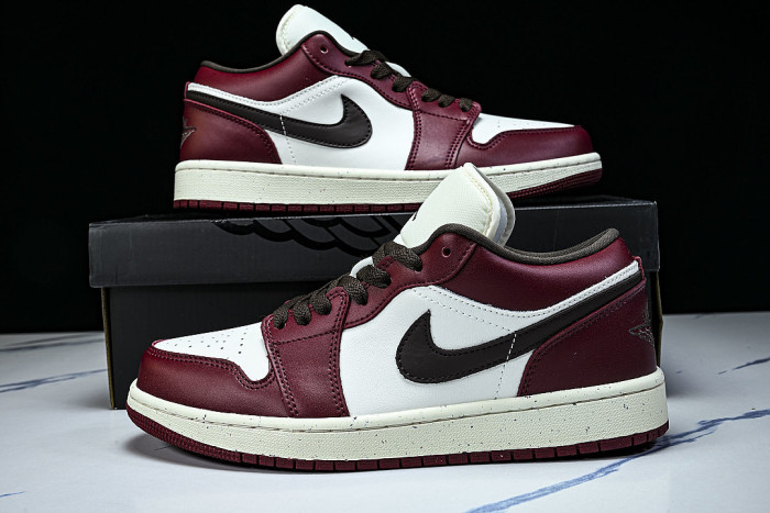 IX5004-121 AIR JORDAN 1 LOW RETRO BASKETBALL SHOES WHITE/WINE RED/BLACK