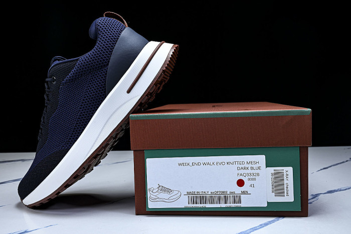BREATHABLE COWHIDE KNITTED SPORTS SHOES NAVY BLUE/WHITE