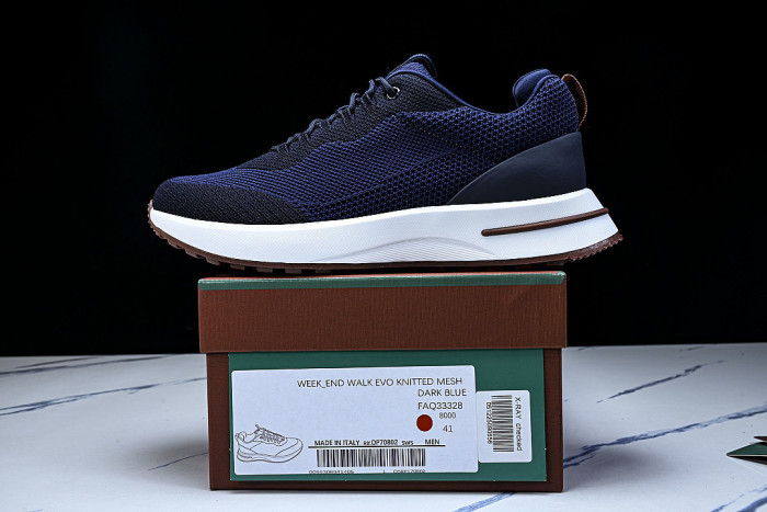 BREATHABLE COWHIDE KNITTED SPORTS SHOES NAVY BLUE/WHITE