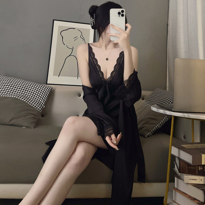 High-end silk nightdress for women, summer lace backless set with chest cushion