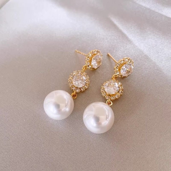 Micro inlaid zircon pearl tassel earrings for women