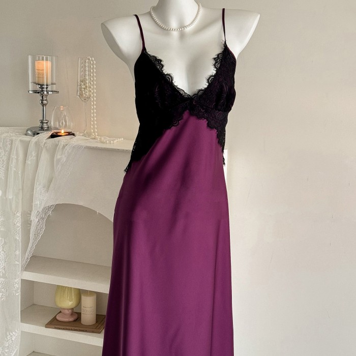 Backless sexy lace ice silk pajama women's halter nightgown