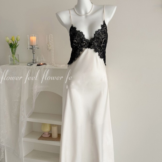 Backless sexy lace ice silk pajama women's halter nightgown