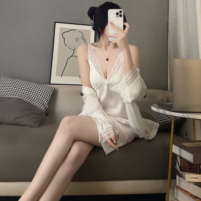 High-end silk nightdress for women, summer lace backless set with chest cushion