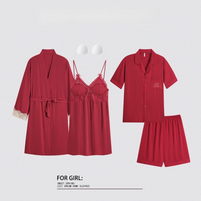 Couple pajamas summer ice silk women's sexy pure desire with chest pad nightdress men's short-sleeved suit home clothes