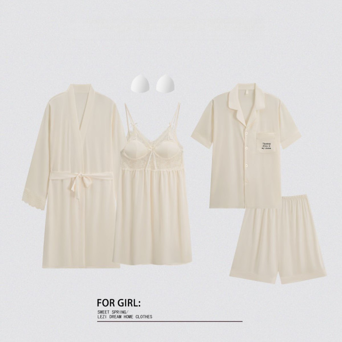 Couple pajamas summer ice silk women's sexy pure desire with chest pad nightdress men's short-sleeved suit home clothes