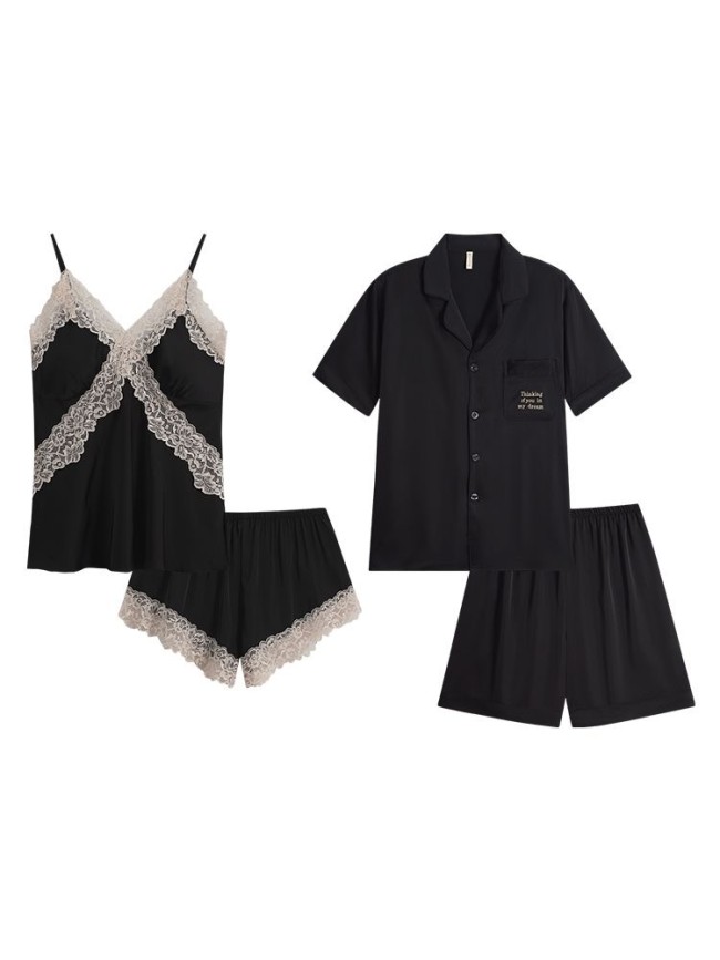Couples pajamas spring and summer ice silk sexy suspender shorts home wear men's suit