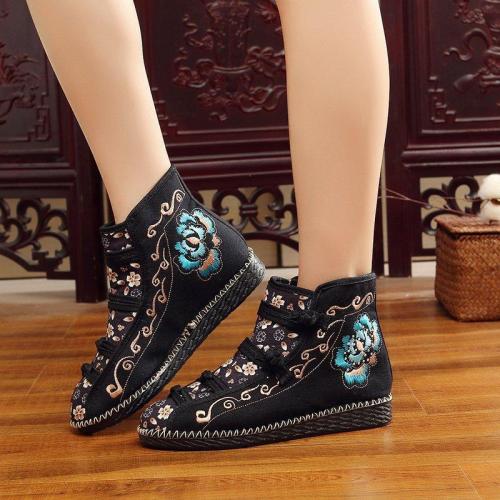 Women Canvas Booties Vintage Comfort Floral Embroidered Lace Up Shoes