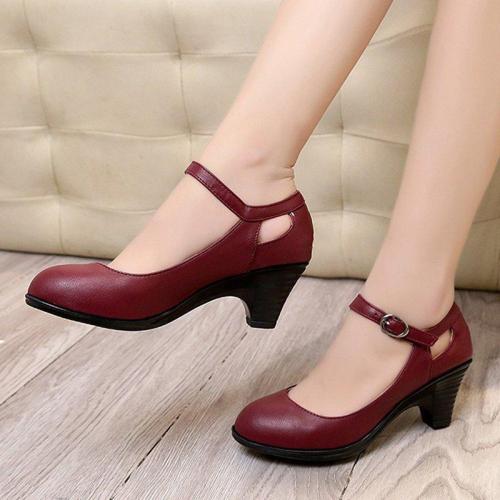 Buckle Strap Chunky Heel Artificial Leather Mary Jane Shoes