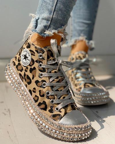 Leopard Rivet Embellished Lace-Up Sneakers