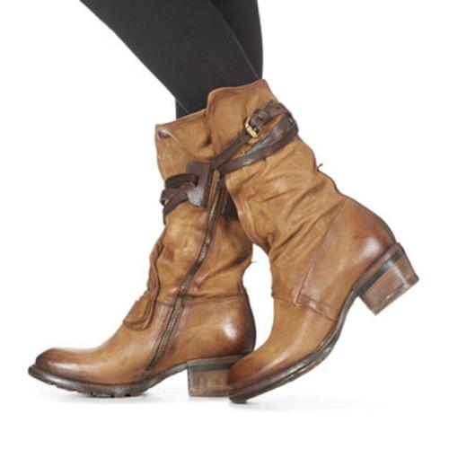 Women Winter Vintage Slip-On Zipper Buckle Boots