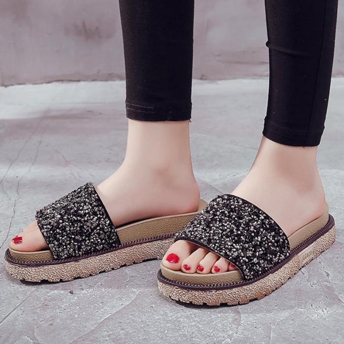 Women Platform Slippers Shiny Sequins Embellished Open Toe Sandals
