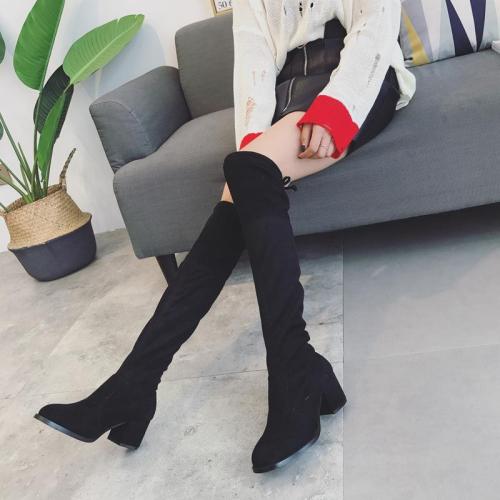 Slim Fit Flock Chunky Heeled Thigh High Boots 9019