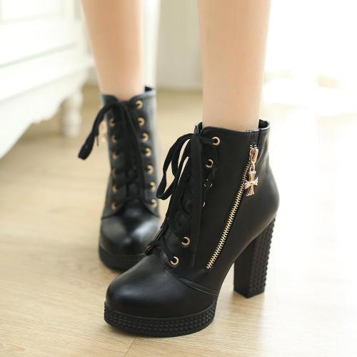 Lace Up High Heeled Short Boots Plus Size Women Shoes 3164