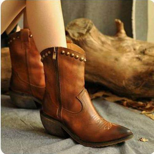 Chunky Heel Artificial Leather Rivet Boots New Fashion Zipper Boots