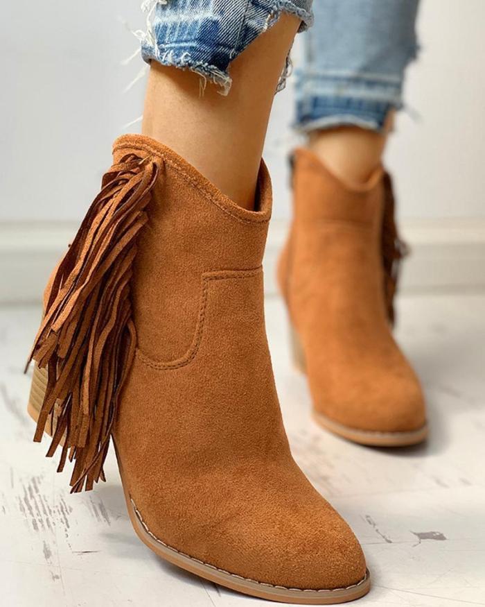 Solid Tassel Design Chunky Heeled Boots