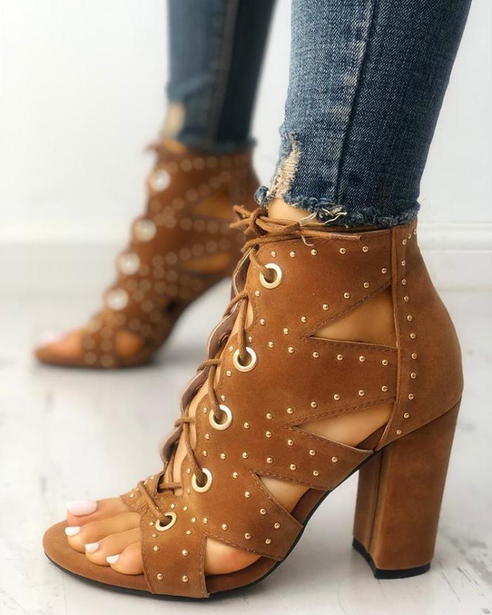 Eyelet Lace-Up Strappy Chunky Heeled Sandals