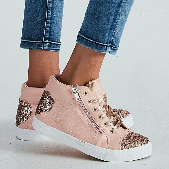 Women Round Toe Lace Up Flat Heel Sequin Casual Sneakers