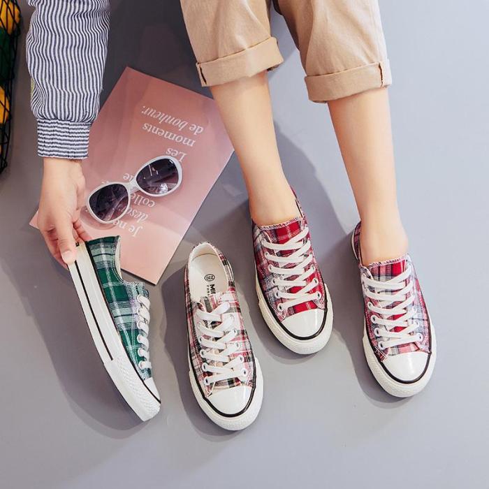 New Grid Canvas Shoes Retro Round Toe Lace-Up Women's Sneakers