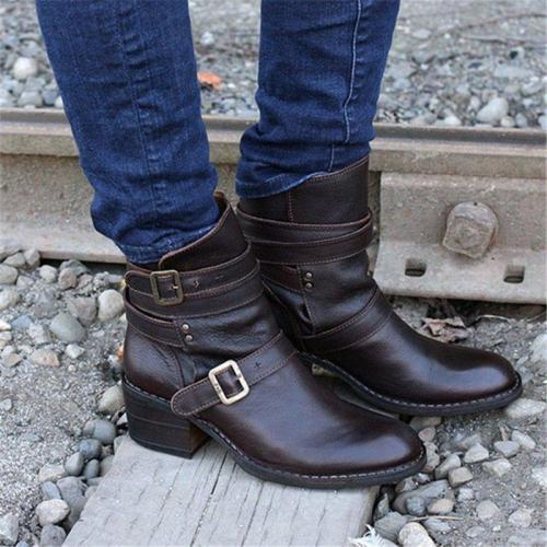 Women Casual Buckle Strap Low Heel Pu Ankle Boots