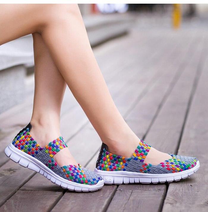 Women Shoes Summer Flat Female Loafers Women Casual Flats Woven Shoes Sneakers Slip On Colorful Shoes Mujer Plus Size 42