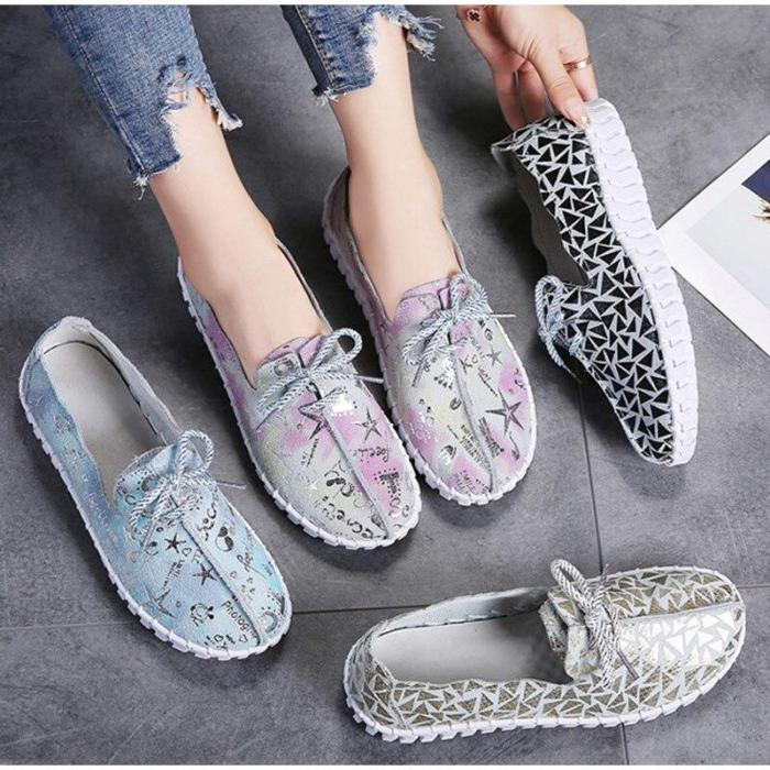Women Spring Flat Shoes Casual Print Slip On Comfort Woman Vulcanized Shoes Soft Breathable Ladies Working Shoes Female Footwear