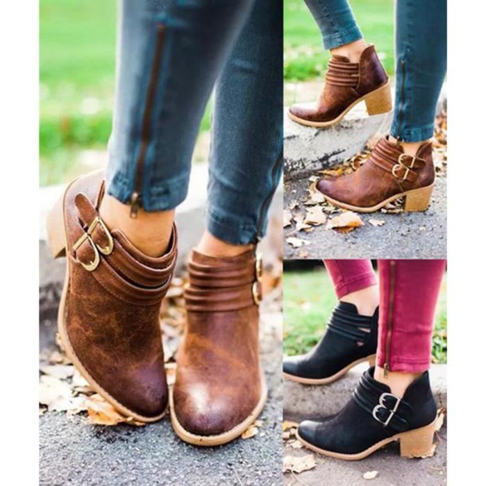 Fashion Women Retro PU Booties Adjustable Buckle Middle Heels Ankle Boots