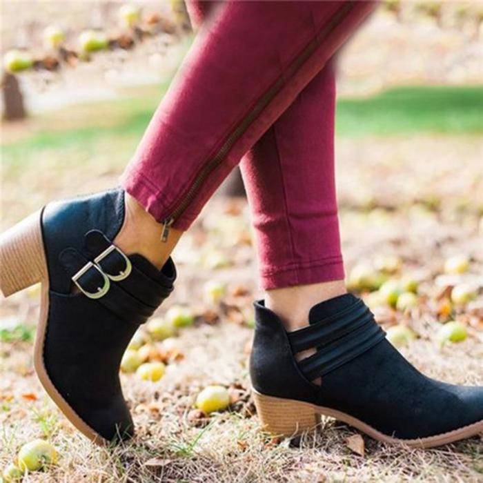 Fashion Women Retro PU Booties Adjustable Buckle Middle Heels Ankle Boots