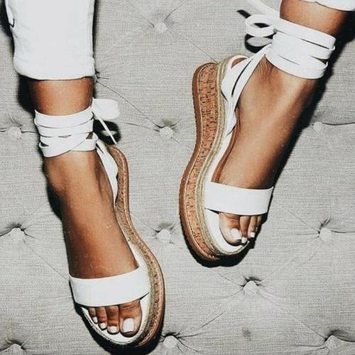 Women Leather Wedge Sandals Casual Lace Up Shoes