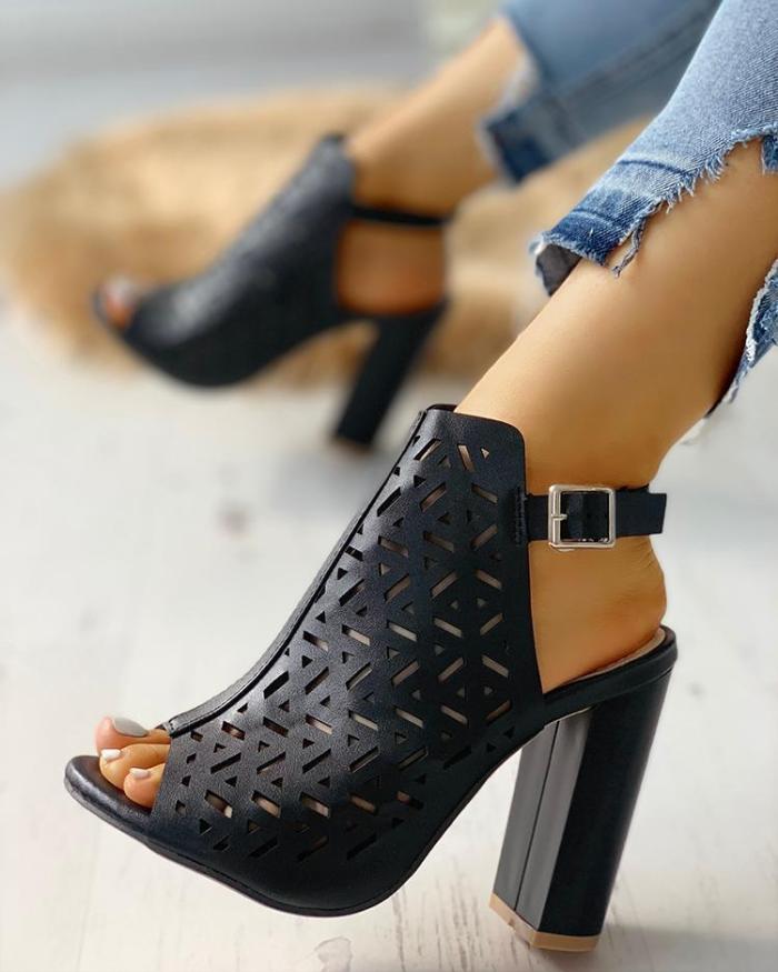 Hollow Out Peep Toe Buckle Chunky Heeled Sandals