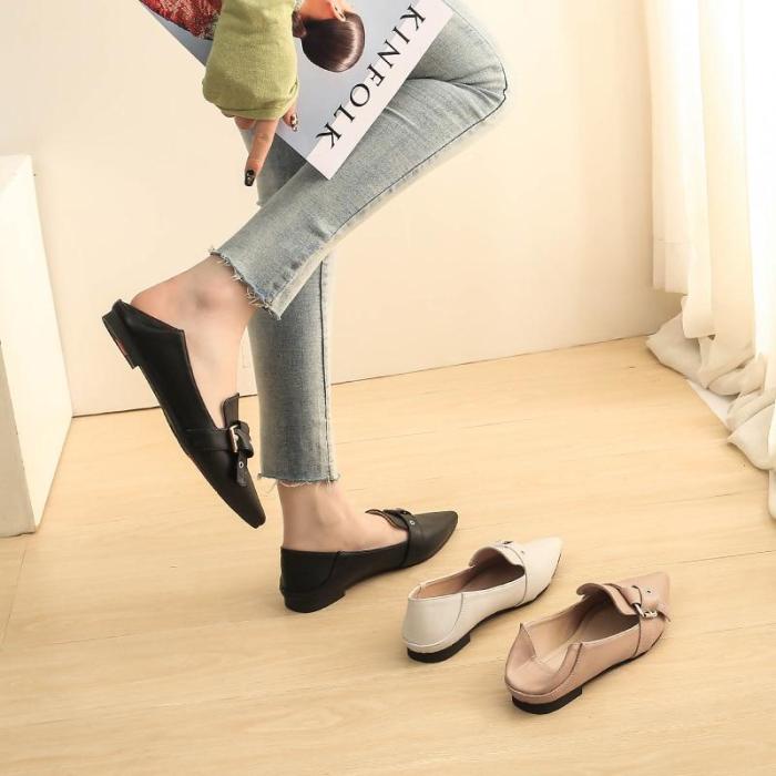 2019 Spring New Women's Shoes Fashion OL Belt Buckle Korean Pointed Toe Flat Shoes Lazy White Casual Work Office Shoes YX0027