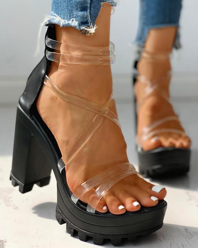 Transparent Multi Strap Platform Chunky Heeled Sandals
