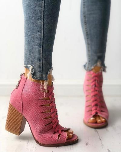 Denim Lace-up Hollow Out Chunky Heeled Sandals
