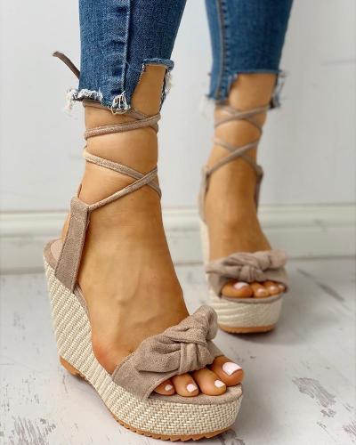 Bowknot Lace-up Ankle Platform Wedge Sandals