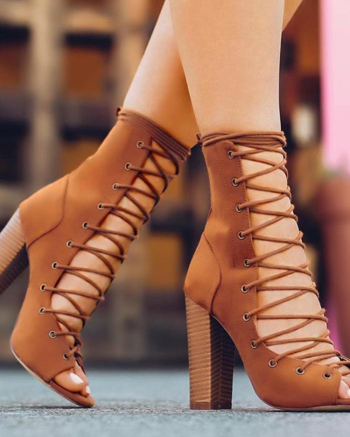 Solid Suede Lace-Up Eyelet Chunky Heeled Sandals