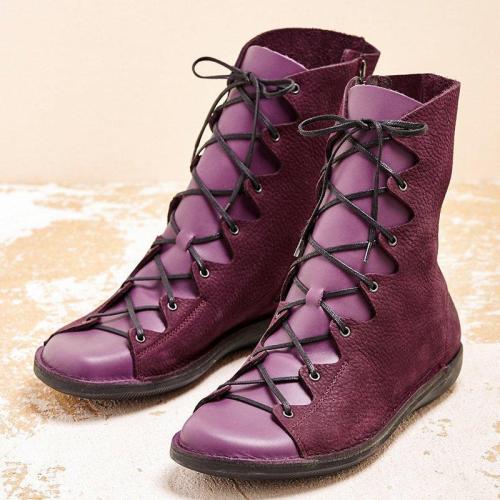 Pu Leather Flat Heel Mid-Calf Boots Womens Round Toe Comfortable Lace Up Shoes