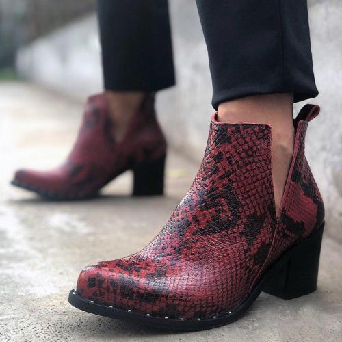 Women's Stylish Snake Print Block Heel Ankle Booties Slip-On Vintage Boots