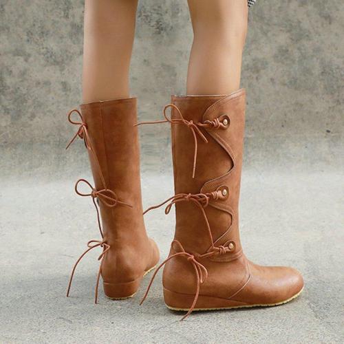 Retro Simple Style Lace-up Wedge Heel Boots