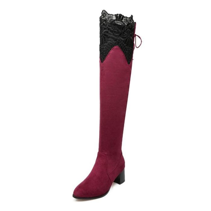 Lace Flock Over the Knee Boots for Women 5219