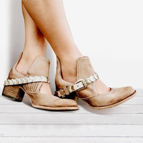 Low Heel PU Cutout Ankle Boots Vintage Adjustable Buckle Booties