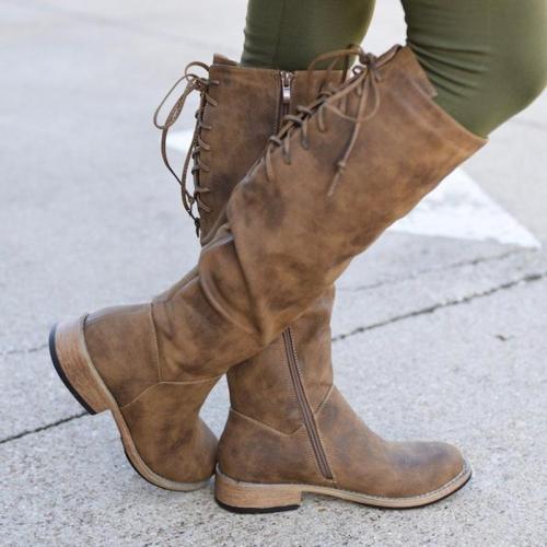 Low Heel Knee-High Long Boots Lace-Up Artificial Leather Boots