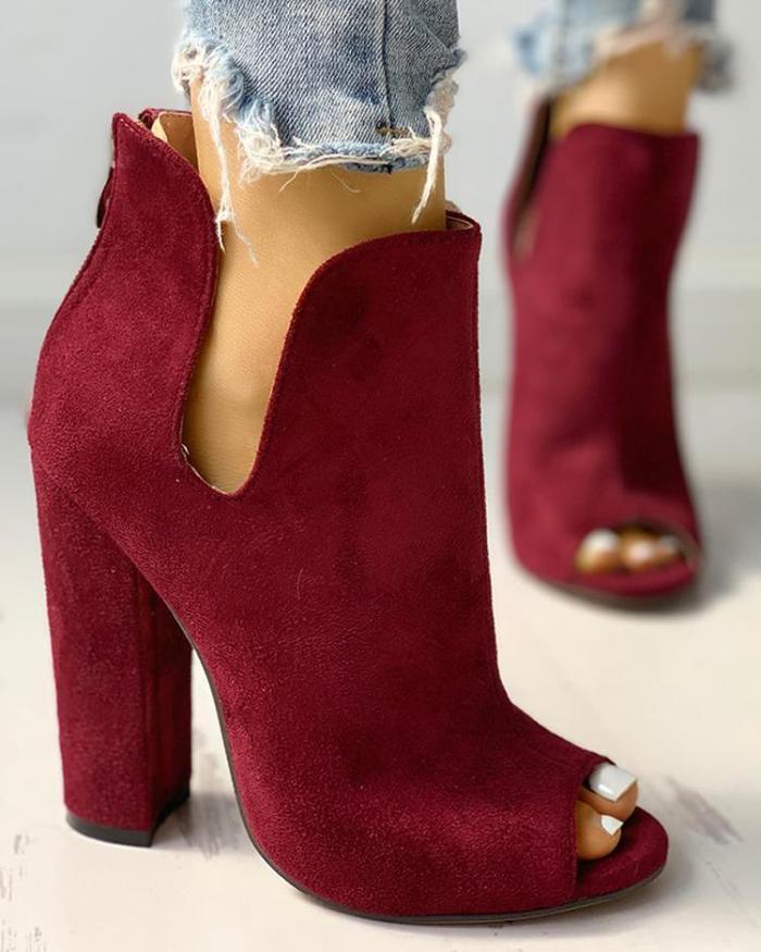 Solid Suede Peep Toe Chunky Heeled Boots