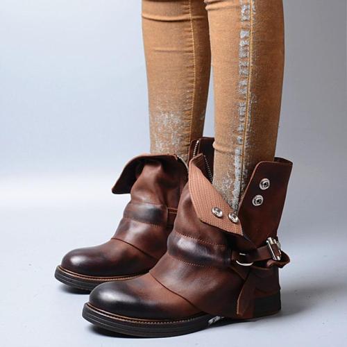 Plus Size Vintage Leather Chunky Heel Ankle Booties