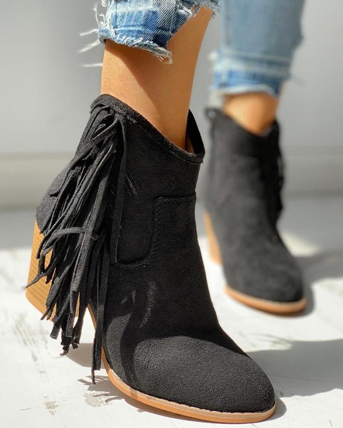 Solid Tassel Design Chunky Heeled Boots