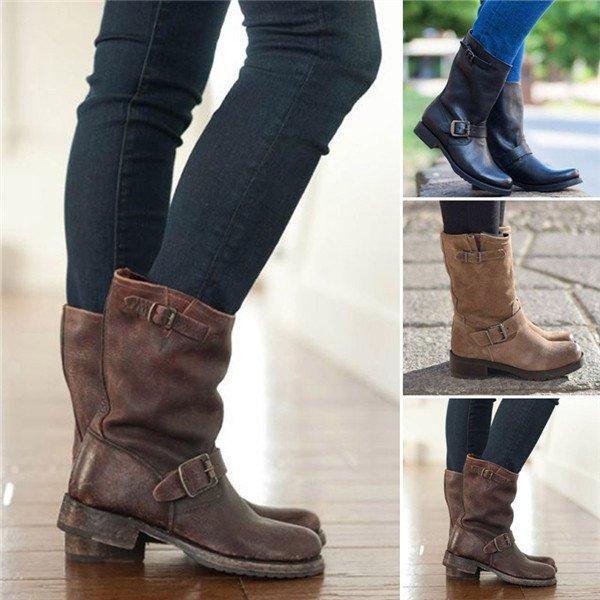 Plus Size Adjustable Buckle Ankle Boots Block Heel Riding Boots